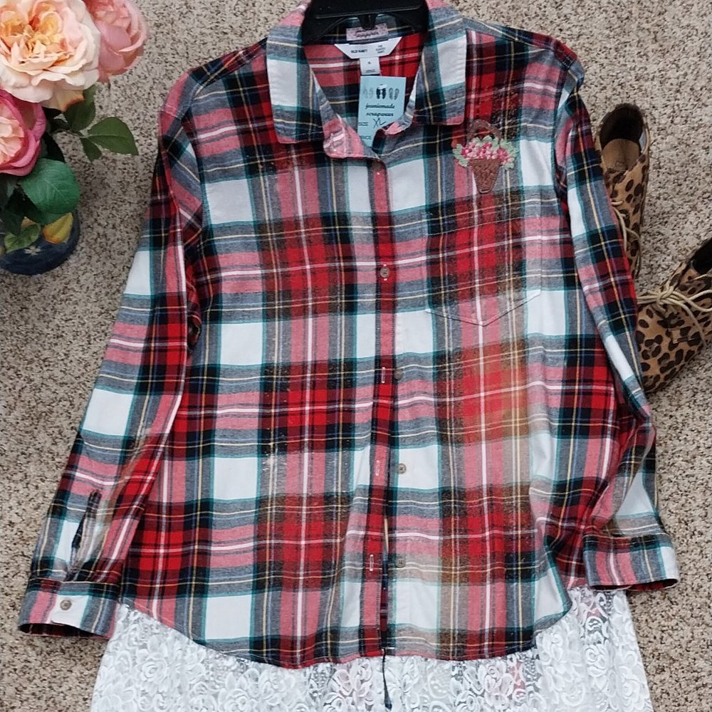 2895 Size XL Old Navy Upcycled Red and White Button Down Shirt - Picture 2 of 9